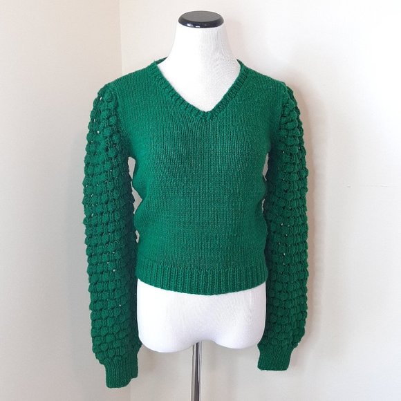 Vtg Hand Knit Open Knit Balloon Sleeve Sweater Cropped V Neck Holiday M - Picture 1 of 6